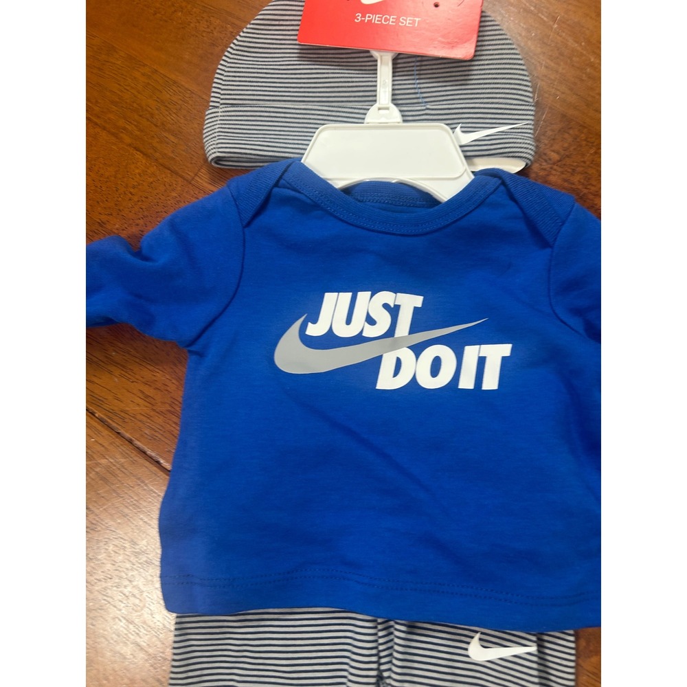 Nike 3-Piece Set Newborn Blue Striped Just Do It Bodysuit Pants Hat 56H467-U89 - Picture 4 of 8